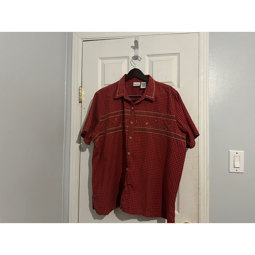 Bobby Brooks Red Gingham Embroidered Short Sleeve Button Up Shirt Plus 2X